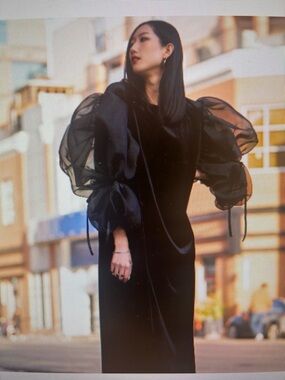 Kate Hewko Black Velvet Maxi Dress with Sheer Puff Sleeves